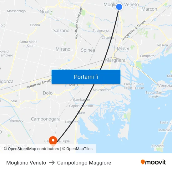 Mogliano Veneto to Campolongo Maggiore map