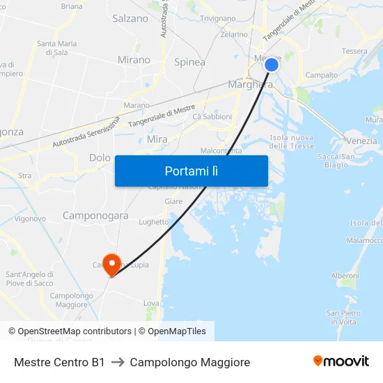 Mestre Centro B1 to Campolongo Maggiore map