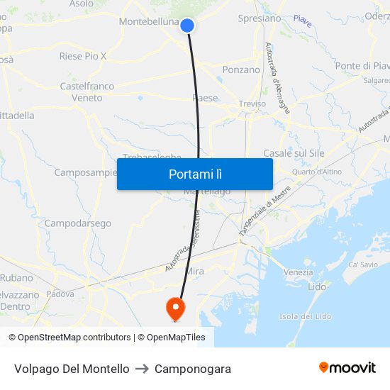 Volpago Del Montello to Camponogara map