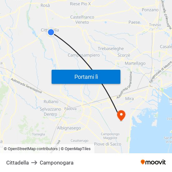 Cittadella to Camponogara map