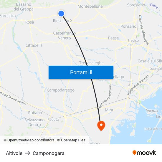 Altivole to Camponogara map