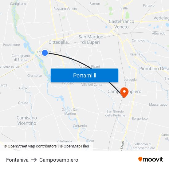 Fontaniva to Camposampiero map