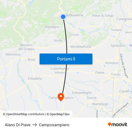 Alano Di Piave to Camposampiero map