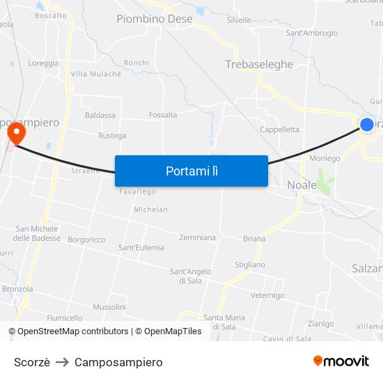 Scorzè to Camposampiero map