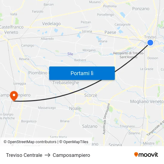 Treviso Centrale to Camposampiero map