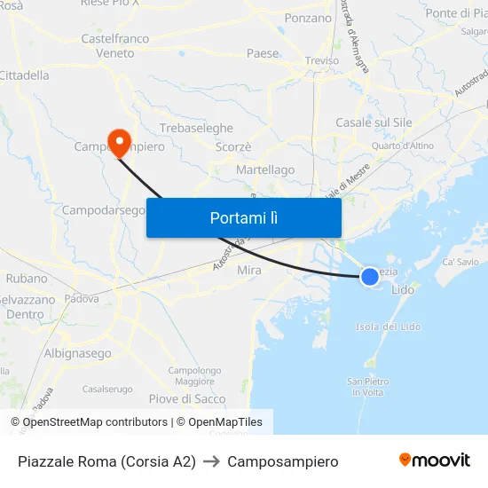 Piazzale Roma (Corsia A2) to Camposampiero map
