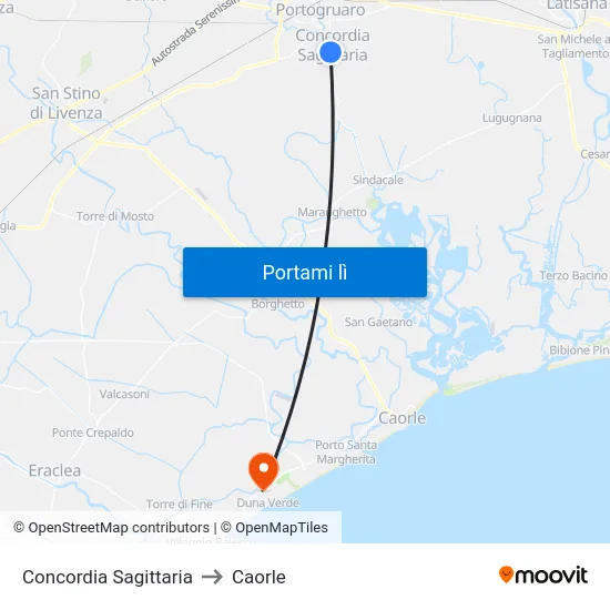 Concordia Sagittaria to Caorle map