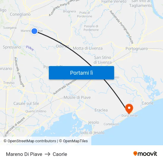 Mareno Di Piave to Caorle map