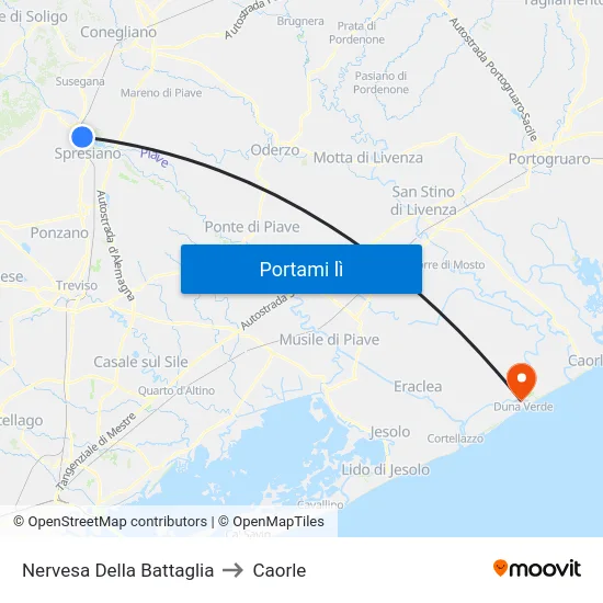 Nervesa Della Battaglia to Caorle map
