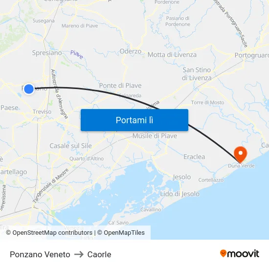 Ponzano Veneto to Caorle map