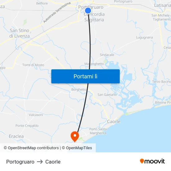 Portogruaro to Caorle map