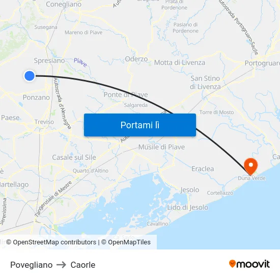 Povegliano to Caorle map