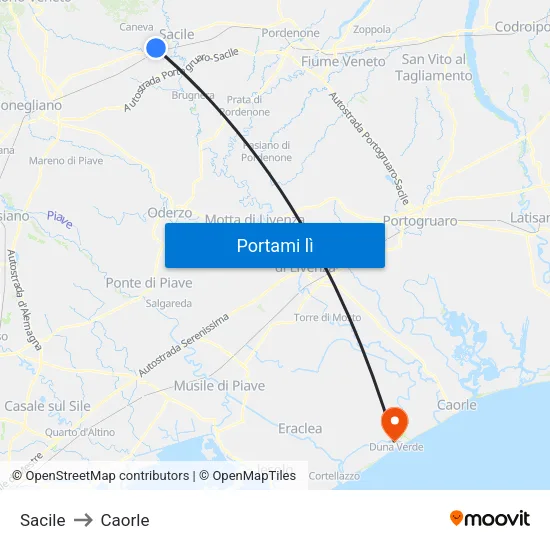 Sacile to Caorle map