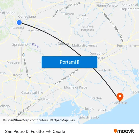 San Pietro Di Feletto to Caorle map