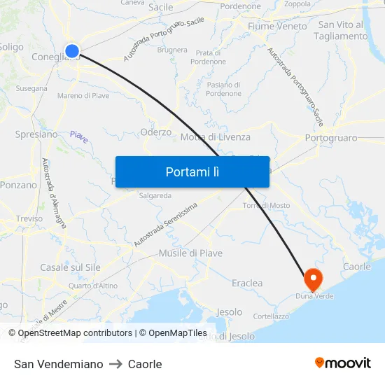 San Vendemiano to Caorle map