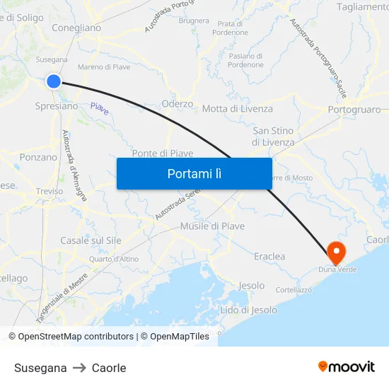 Susegana to Caorle map