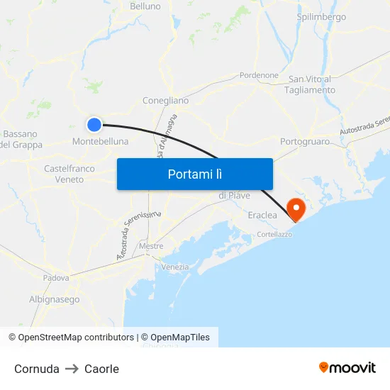 Cornuda to Caorle map