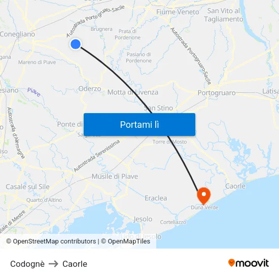 Codognè to Caorle map