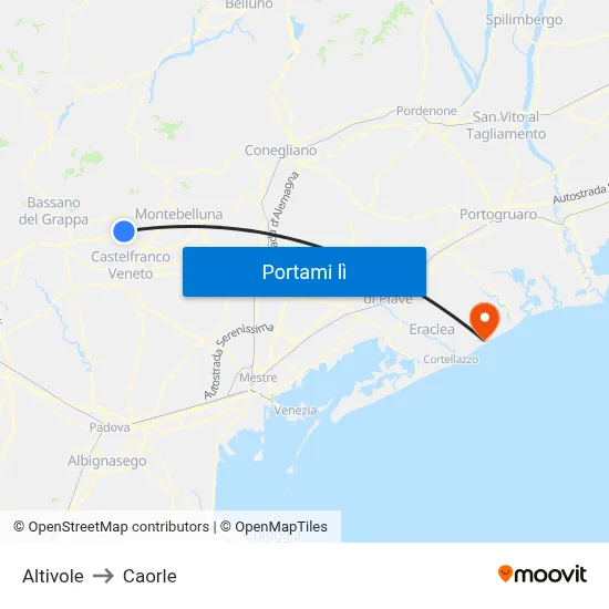 Altivole to Caorle map