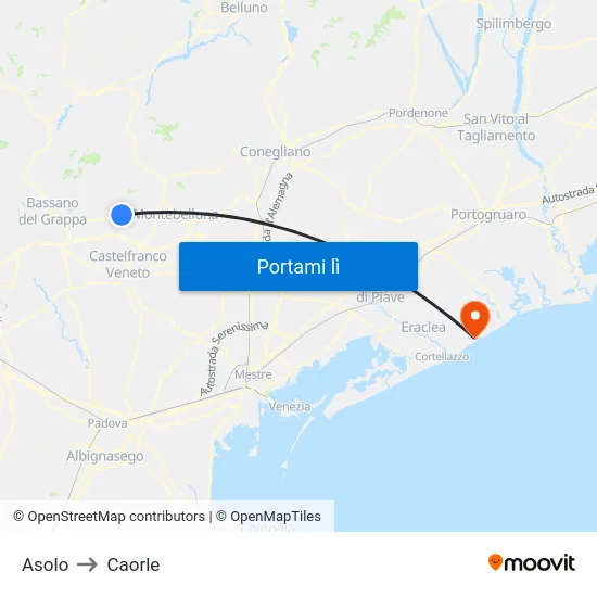 Asolo to Caorle map