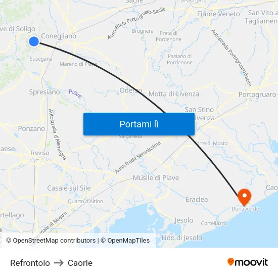 Refrontolo to Caorle map