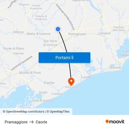 Pramaggiore to Caorle map