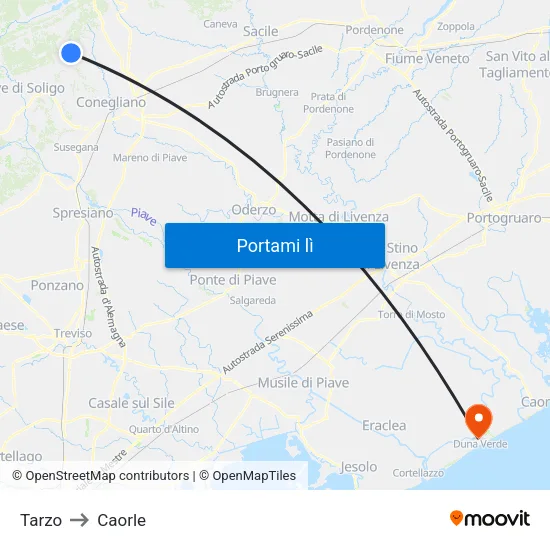 Tarzo to Caorle map