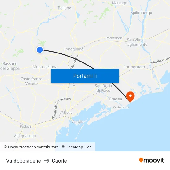 Valdobbiadene to Caorle map