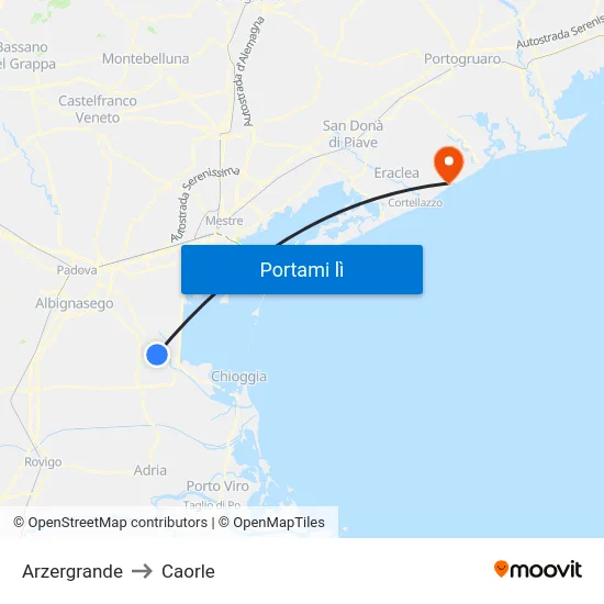 Arzergrande to Caorle map