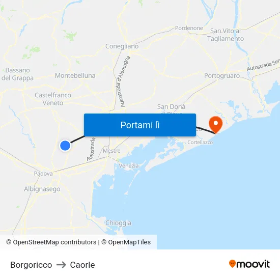 Borgoricco to Caorle map