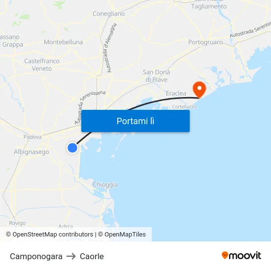 Camponogara to Caorle map