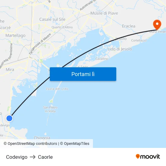 Codevigo to Caorle map