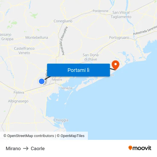 Mirano to Caorle map