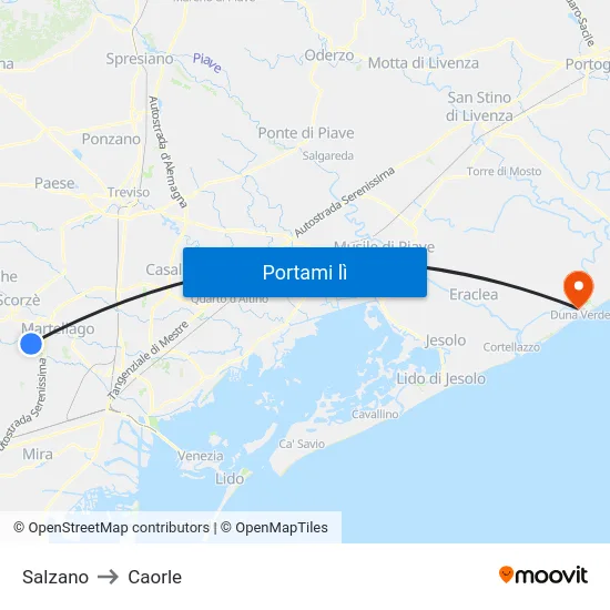Salzano to Caorle map