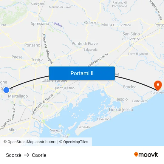 Scorzè to Caorle map