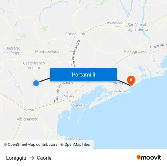 Loreggia to Caorle map