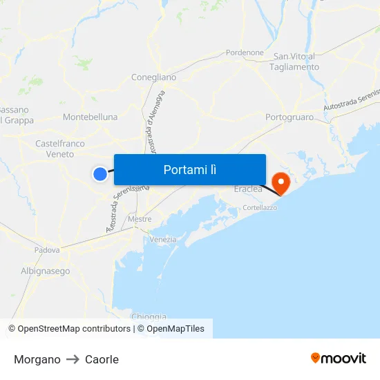 Morgano to Caorle map
