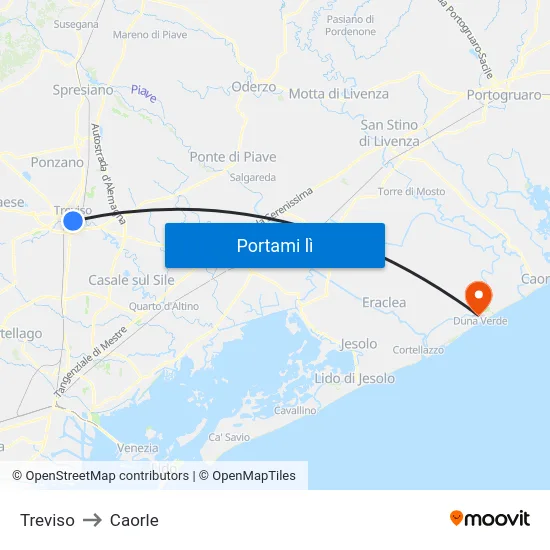 Treviso to Caorle map