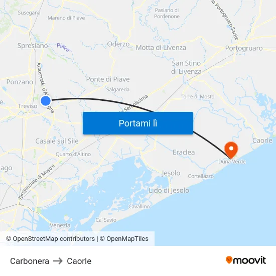 Carbonera to Caorle map
