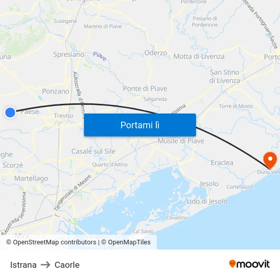 Istrana to Caorle map