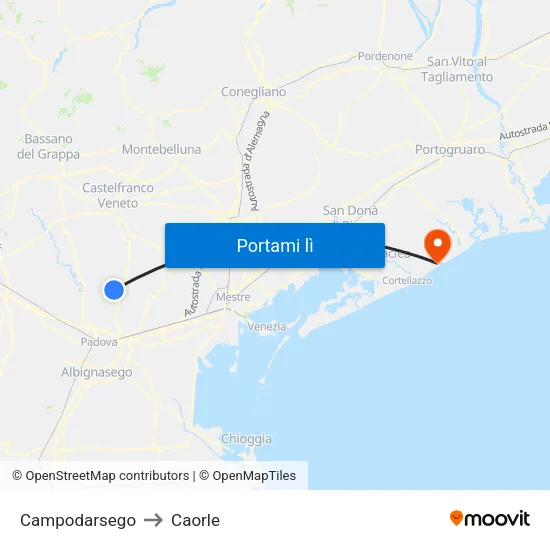 Campodarsego to Caorle map