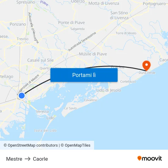 Mestre to Caorle map