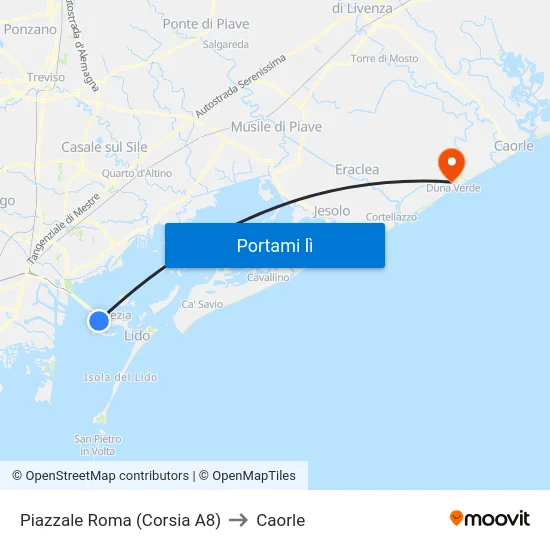 Piazzale Roma (Corsia A8) to Caorle map