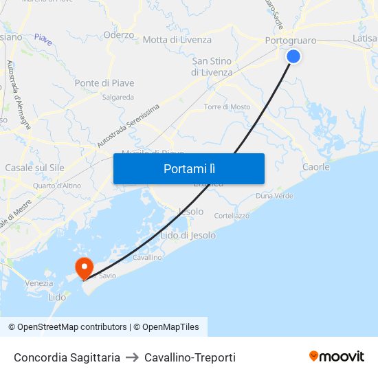 Concordia Sagittaria to Cavallino-Treporti map