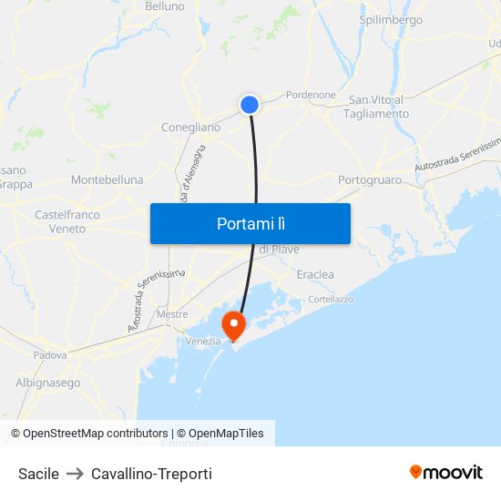 Sacile to Cavallino-Treporti map