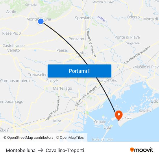 Montebelluna to Cavallino-Treporti map