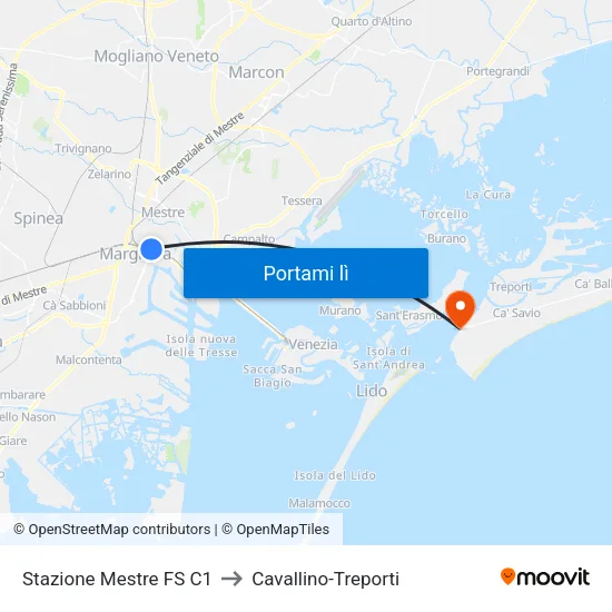 Stazione Mestre FS C1 to Cavallino-Treporti map