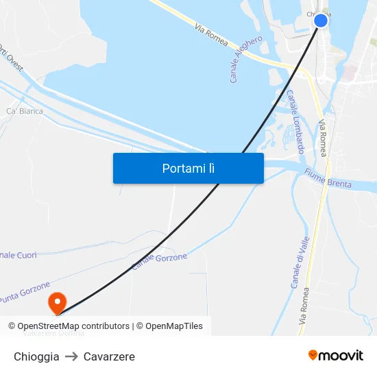 Chioggia to Cavarzere map