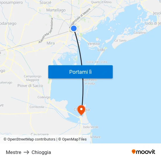 Mestre to Chioggia map