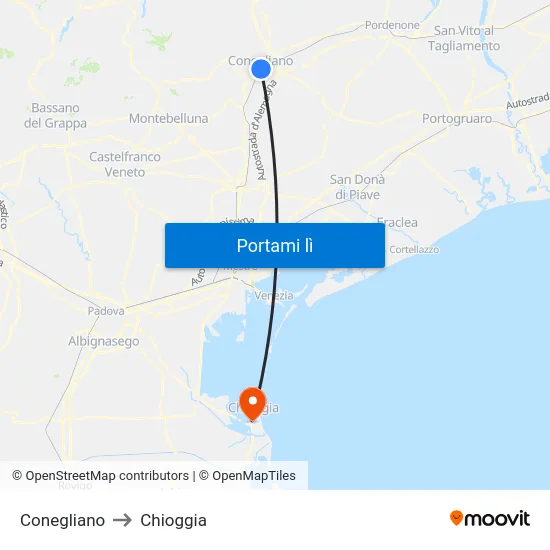 Conegliano to Chioggia map